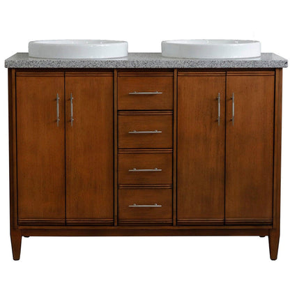 Bellaterra Home MCM 49" 4-Door 2-Drawer Walnut Freestanding Vanity Set With Ceramic Double Vessel Sink and Gray Granite Top