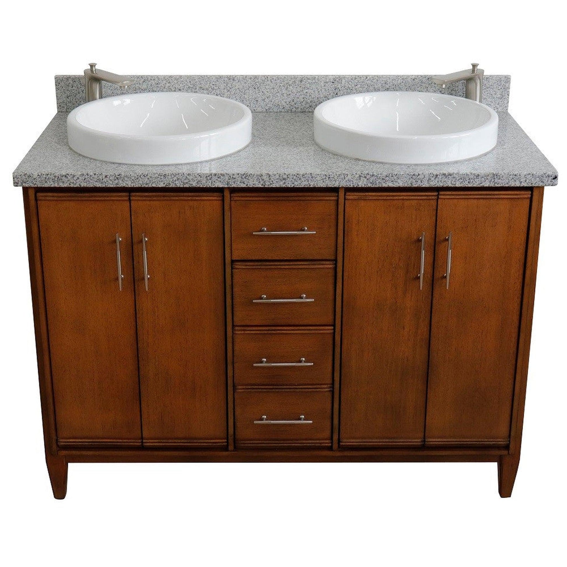 Bellaterra Home MCM 49" 4-Door 2-Drawer Walnut Freestanding Vanity Set With Ceramic Double Vessel Sink and Gray Granite Top