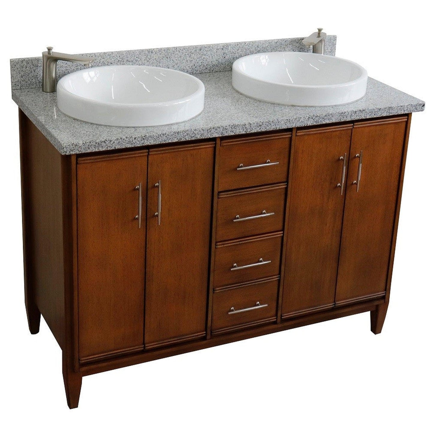 Bellaterra Home MCM 49" 4-Door 2-Drawer Walnut Freestanding Vanity Set With Ceramic Double Vessel Sink and Gray Granite Top