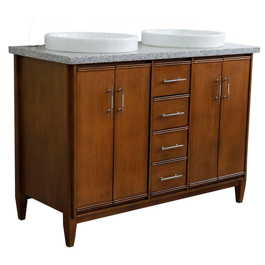 Bellaterra Home MCM 49" 4-Door 2-Drawer Walnut Freestanding Vanity Set With Ceramic Double Vessel Sink and Gray Granite Top