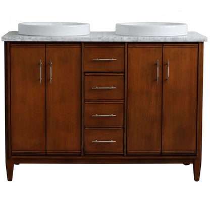 Bellaterra Home MCM 49" 4-Door 2-Drawer Walnut Freestanding Vanity Set With Ceramic Double Vessel Sink and White Carrara Marble Top