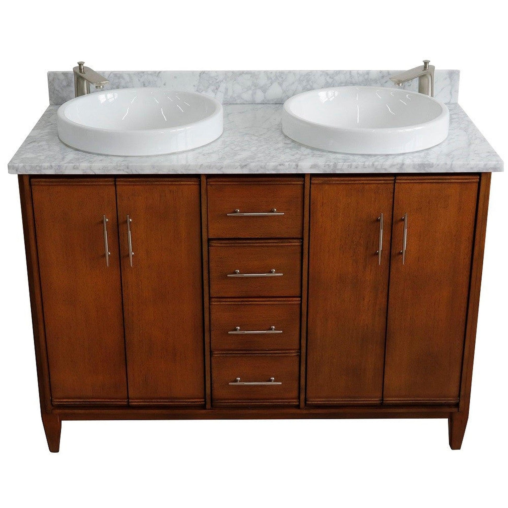 Bellaterra Home MCM 49" 4-Door 2-Drawer Walnut Freestanding Vanity Set With Ceramic Double Vessel Sink and White Carrara Marble Top