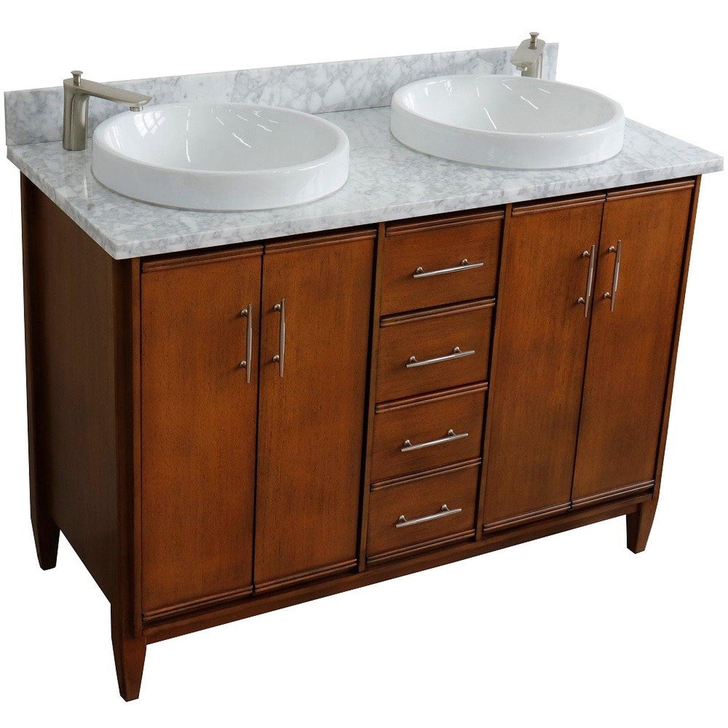 Bellaterra Home MCM 49" 4-Door 2-Drawer Walnut Freestanding Vanity Set With Ceramic Double Vessel Sink and White Carrara Marble Top