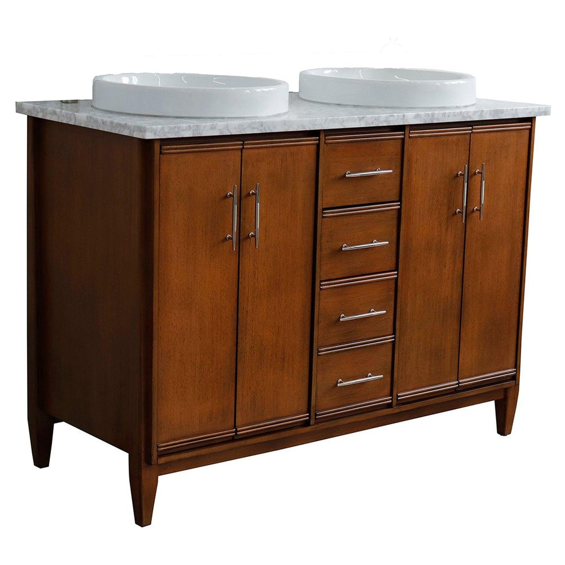 Bellaterra Home MCM 49" 4-Door 2-Drawer Walnut Freestanding Vanity Set With Ceramic Double Vessel Sink and White Carrara Marble Top