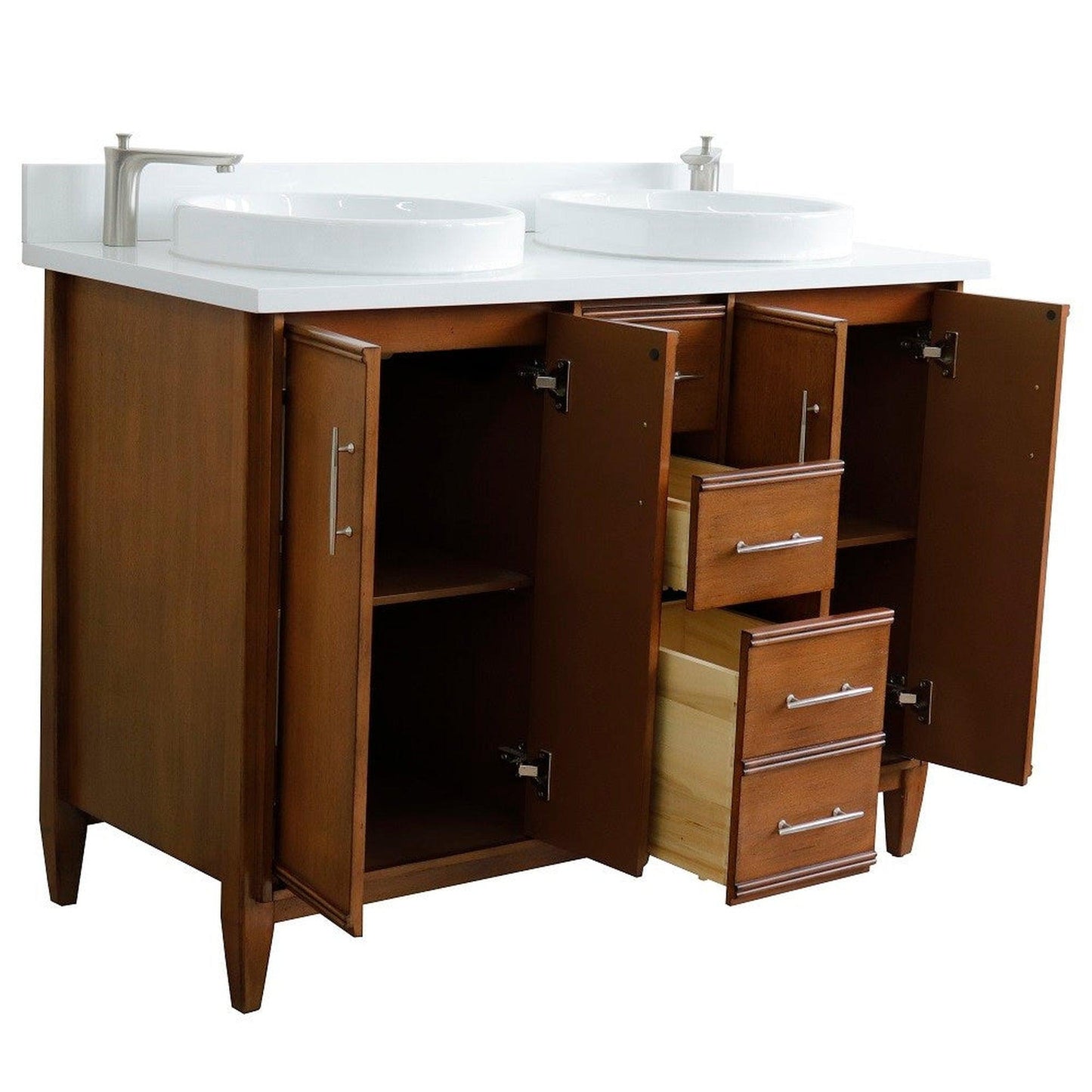 Bellaterra Home MCM 49" 4-Door 2-Drawer Walnut Freestanding Vanity Set With Ceramic Double Vessel Sink and White Quartz Top