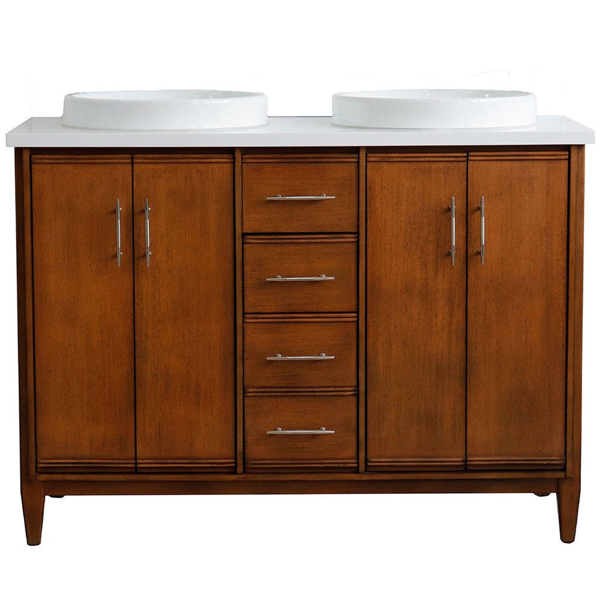 Bellaterra Home MCM 49" 4-Door 2-Drawer Walnut Freestanding Vanity Set With Ceramic Double Vessel Sink and White Quartz Top