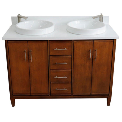 Bellaterra Home MCM 49" 4-Door 2-Drawer Walnut Freestanding Vanity Set With Ceramic Double Vessel Sink and White Quartz Top