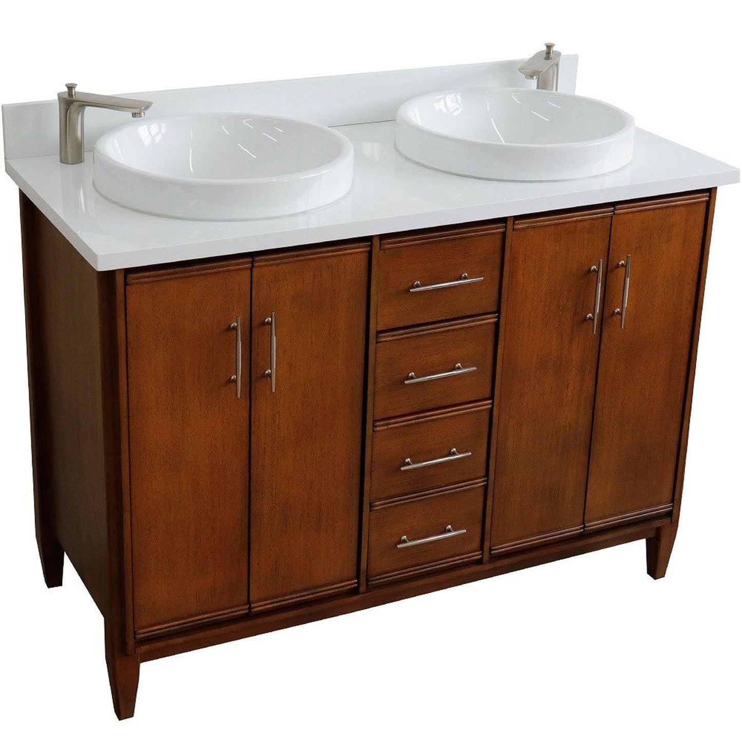 Bellaterra Home MCM 49" 4-Door 2-Drawer Walnut Freestanding Vanity Set With Ceramic Double Vessel Sink and White Quartz Top