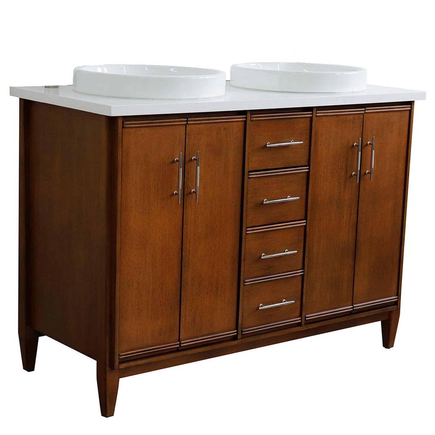 Bellaterra Home MCM 49" 4-Door 2-Drawer Walnut Freestanding Vanity Set With Ceramic Double Vessel Sink and White Quartz Top