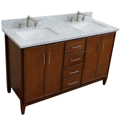 Bellaterra Home MCM 55" 4-Door 3-Drawer Walnut Freestanding Vanity Set With Ceramic Double Undermount Rectangular Sink And White Carrara Marble Top