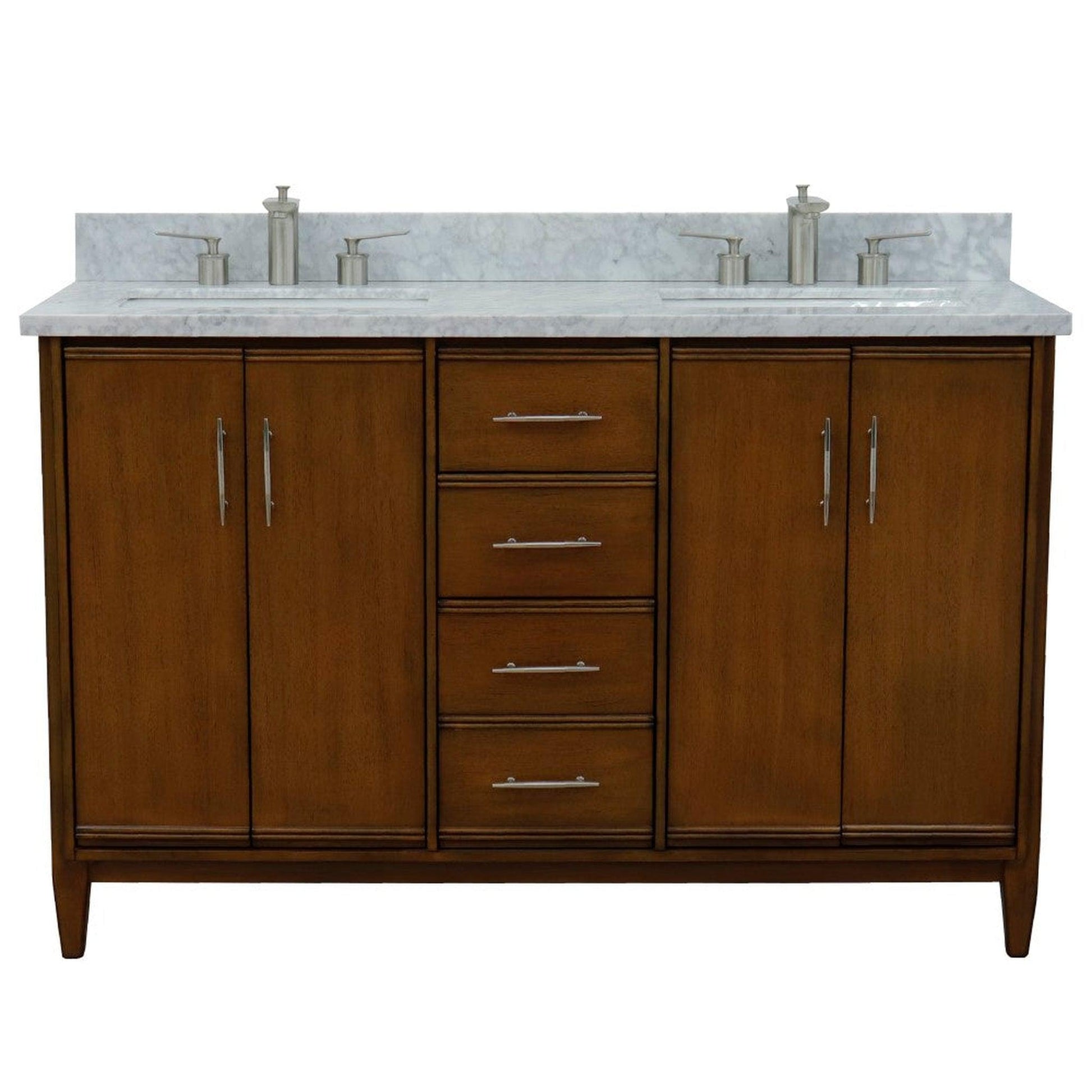 Bellaterra Home MCM 55" 4-Door 3-Drawer Walnut Freestanding Vanity Set With Ceramic Double Undermount Rectangular Sink And White Carrara Marble Top