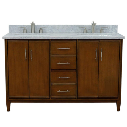 Bellaterra Home MCM 55" 4-Door 3-Drawer Walnut Freestanding Vanity Set With Ceramic Double Undermount Rectangular Sink And White Carrara Marble Top