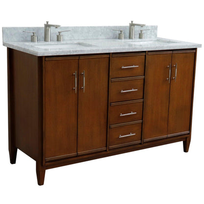 Bellaterra Home MCM 55" 4-Door 3-Drawer Walnut Freestanding Vanity Set With Ceramic Double Undermount Rectangular Sink And White Carrara Marble Top