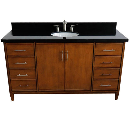 Bellaterra Home MCM 61" 2-Door 6-Drawer Walnut Freestanding Vanity Set With Ceramic Undermount Oval Sink and Black Galaxy Granite Top