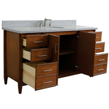 Bellaterra Home MCM 61" 2-Door 6-Drawer Walnut Freestanding Vanity Set With Ceramic Undermount Oval Sink and Gray Granite Top