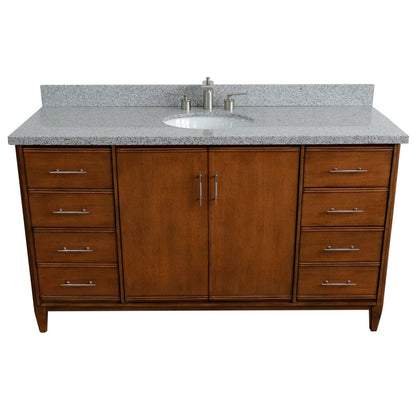 Bellaterra Home MCM 61" 2-Door 6-Drawer Walnut Freestanding Vanity Set With Ceramic Undermount Oval Sink and Gray Granite Top