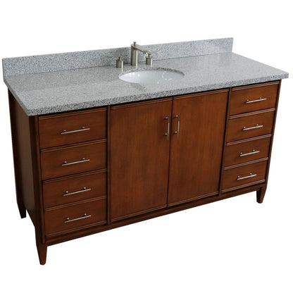 Bellaterra Home MCM 61" 2-Door 6-Drawer Walnut Freestanding Vanity Set With Ceramic Undermount Oval Sink and Gray Granite Top
