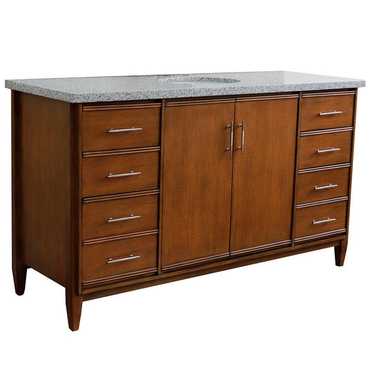 Bellaterra Home MCM 61" 2-Door 6-Drawer Walnut Freestanding Vanity Set With Ceramic Undermount Oval Sink and Gray Granite Top