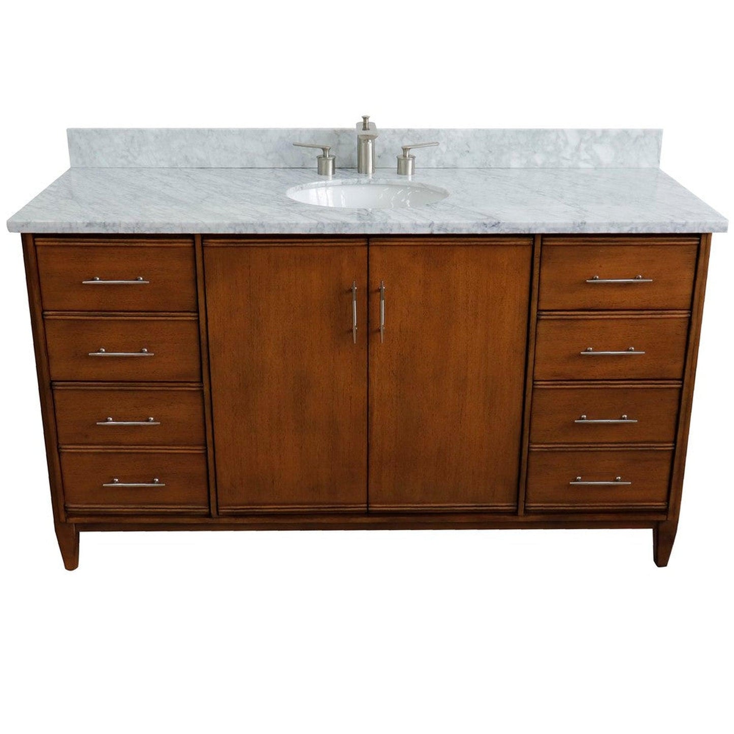 Bellaterra Home MCM 61" 2-Door 6-Drawer Walnut Freestanding Vanity Set With Ceramic Undermount Oval Sink and White Carrara Marble Top