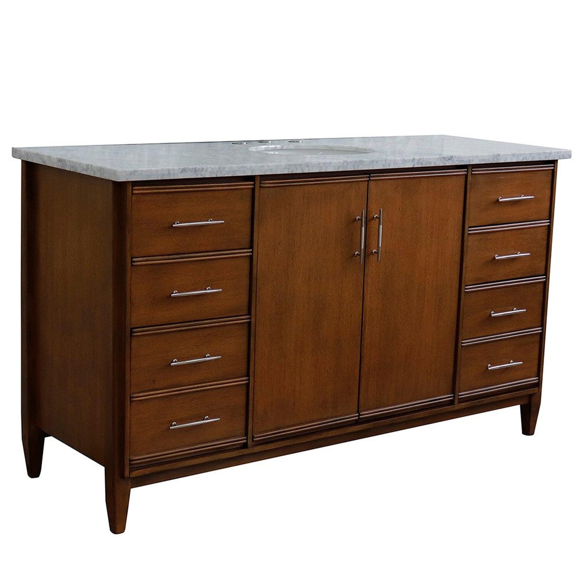 Bellaterra Home MCM 61" 2-Door 6-Drawer Walnut Freestanding Vanity Set With Ceramic Undermount Oval Sink and White Carrara Marble Top