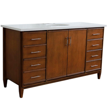 Bellaterra Home MCM 61" 2-Door 6-Drawer Walnut Freestanding Vanity Set With Ceramic Undermount Oval Sink and White Quartz Top