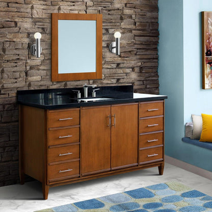 Bellaterra Home MCM 61" 2-Door 6-Drawer Walnut Freestanding Vanity Set With Ceramic Undermount Rectangular Sink and Black Galaxy Granite Top