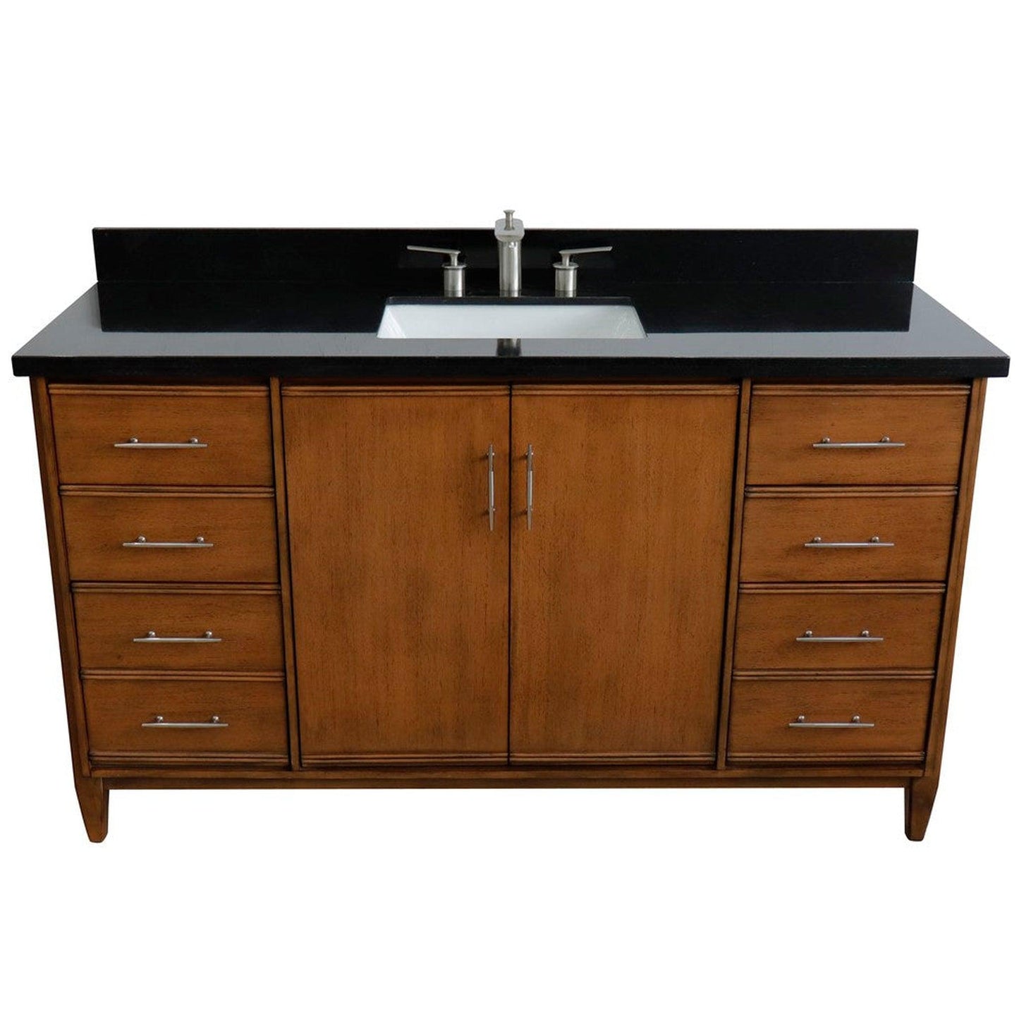 Bellaterra Home MCM 61" 2-Door 6-Drawer Walnut Freestanding Vanity Set With Ceramic Undermount Rectangular Sink and Black Galaxy Granite Top