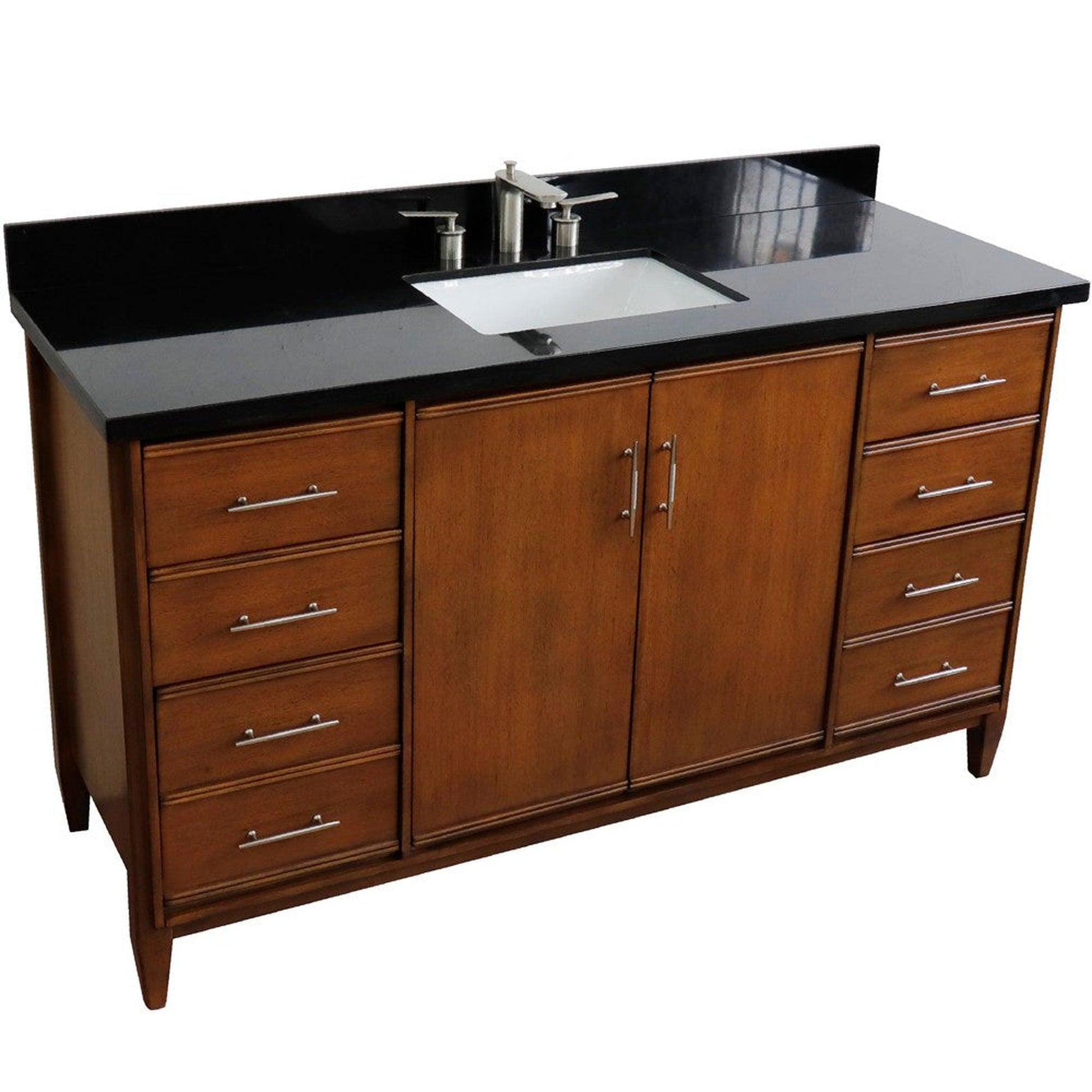 Bellaterra Home MCM 61" 2-Door 6-Drawer Walnut Freestanding Vanity Set With Ceramic Undermount Rectangular Sink and Black Galaxy Granite Top