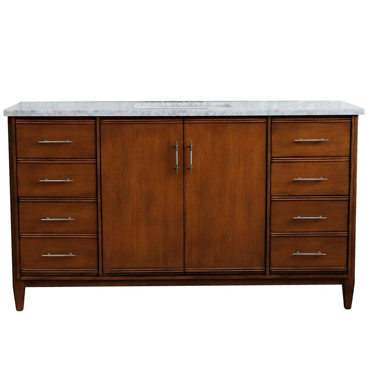 Bellaterra Home MCM 61" 2-Door 6-Drawer Walnut Freestanding Vanity Set With Ceramic Undermount Rectangular Sink and White Carrara Marble Top