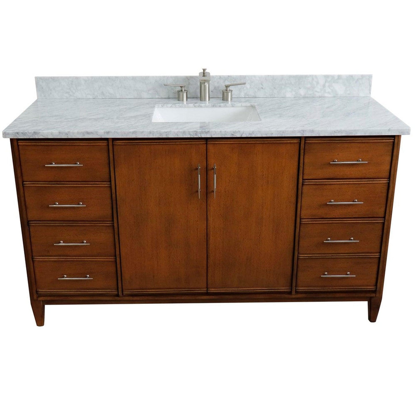 Bellaterra Home MCM 61" 2-Door 6-Drawer Walnut Freestanding Vanity Set With Ceramic Undermount Rectangular Sink and White Carrara Marble Top