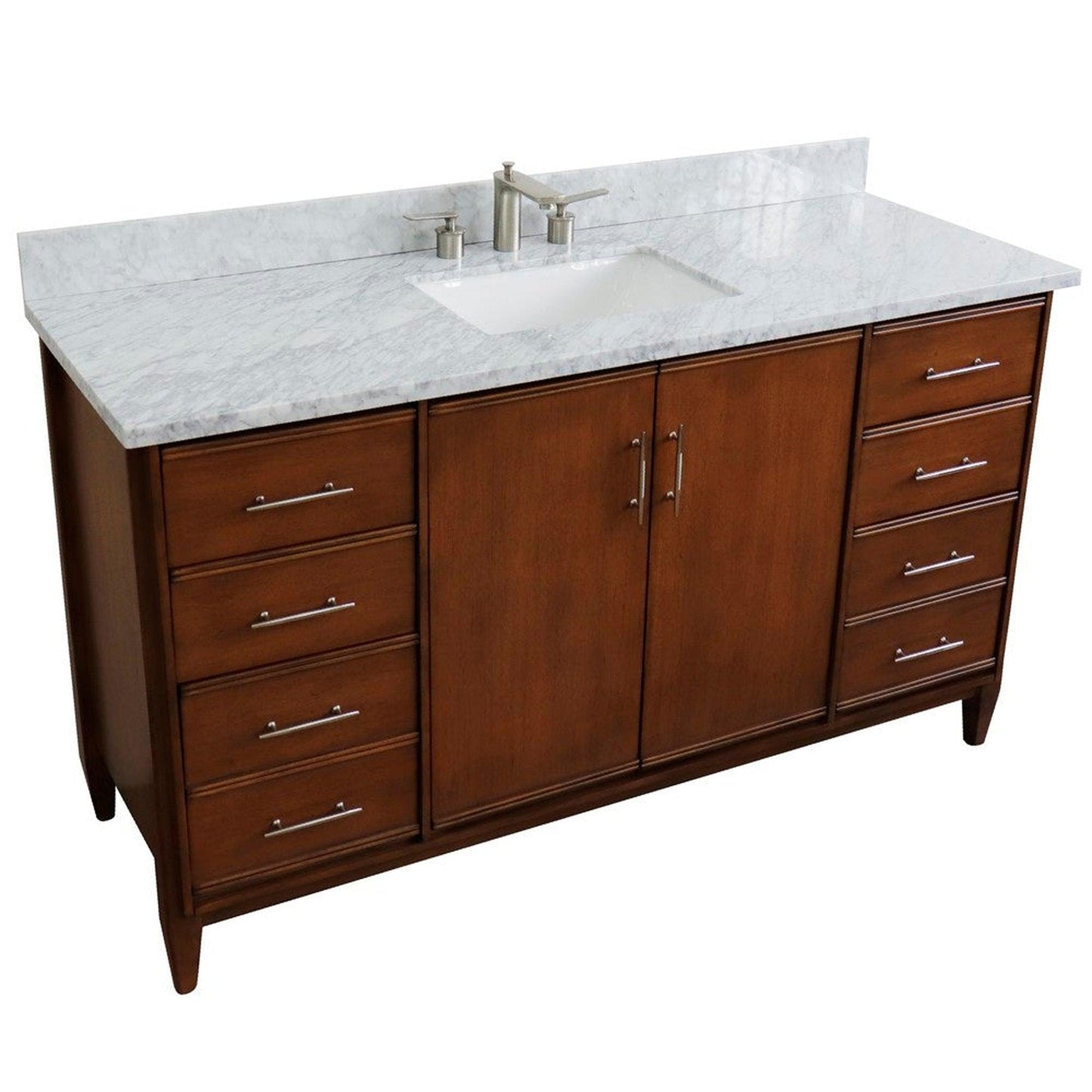 Bellaterra Home MCM 61" 2-Door 6-Drawer Walnut Freestanding Vanity Set With Ceramic Undermount Rectangular Sink and White Carrara Marble Top