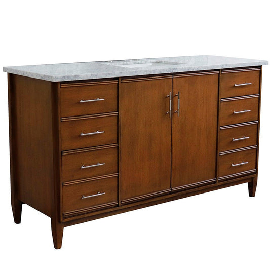 Bellaterra Home MCM 61" 2-Door 6-Drawer Walnut Freestanding Vanity Set With Ceramic Undermount Rectangular Sink and White Carrara Marble Top