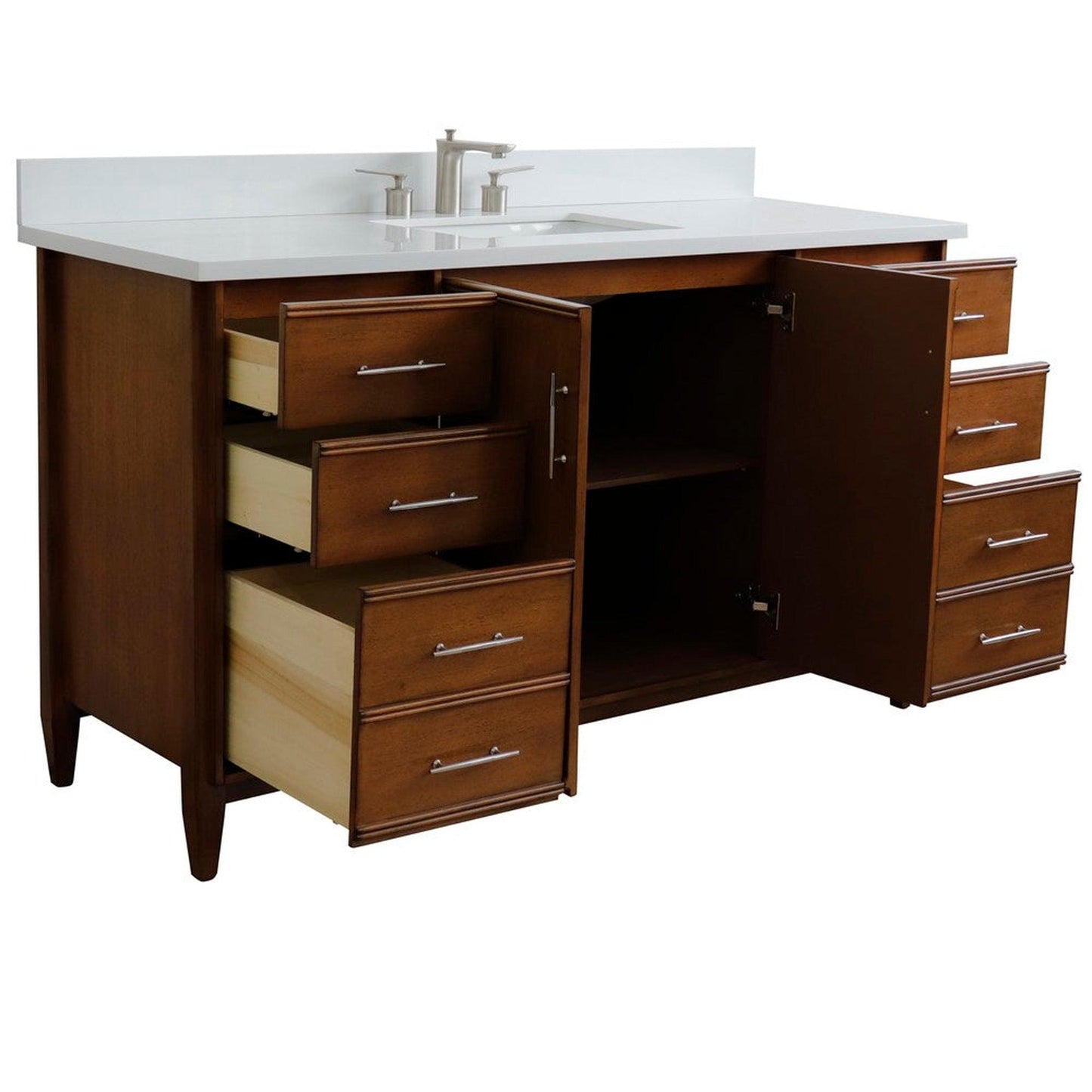 Bellaterra Home MCM 61" 2-Door 6-Drawer Walnut Freestanding Vanity Set With Ceramic Undermount Rectangular Sink and White Quartz Top