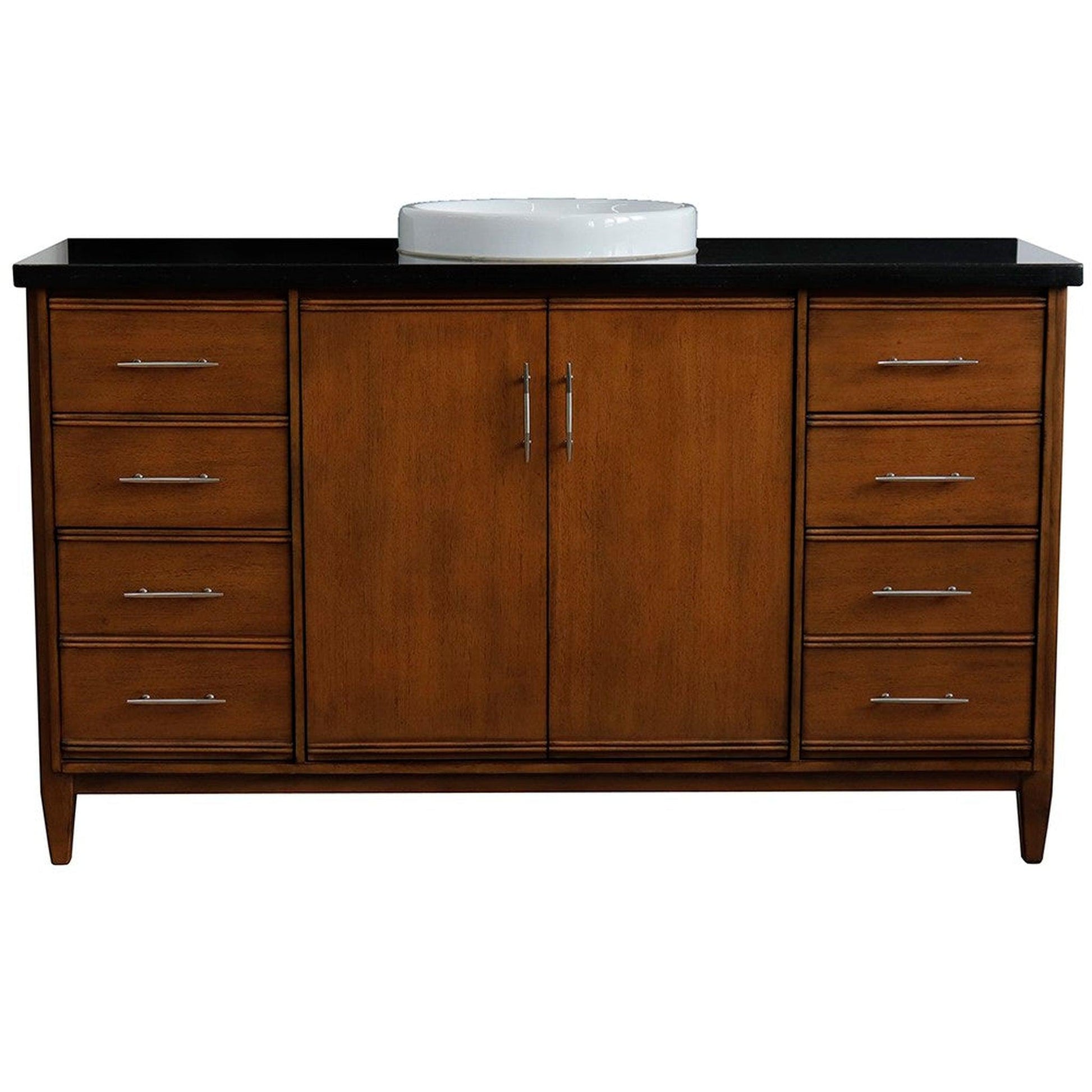 Bellaterra Home MCM 61" 2-Door 6-Drawer Walnut Freestanding Vanity Set With Ceramic Vessel Sink and Black Galaxy Granite Top