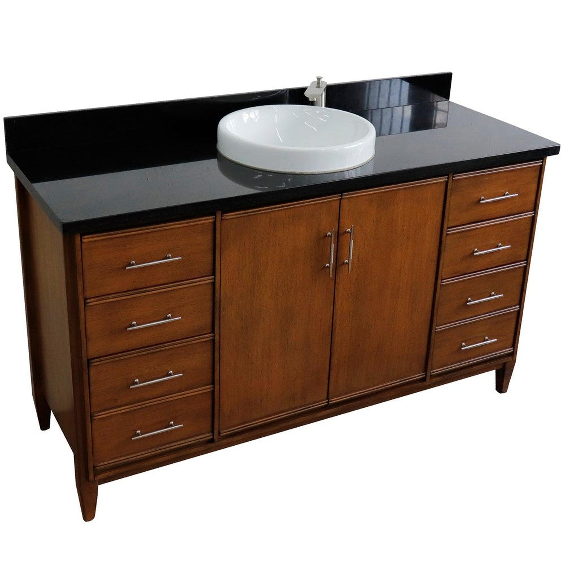 Bellaterra Home MCM 61" 2-Door 6-Drawer Walnut Freestanding Vanity Set With Ceramic Vessel Sink and Black Galaxy Granite Top