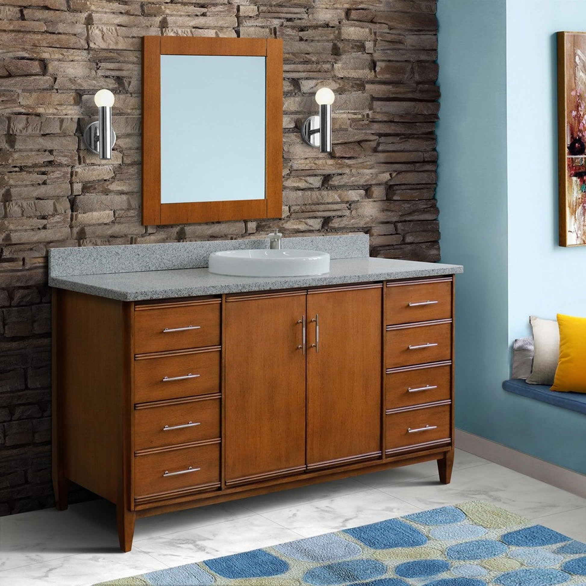 Bellaterra Home MCM 61" 2-Door 6-Drawer Walnut Freestanding Vanity Set With Ceramic Vessel Sink and Gray Granite Top