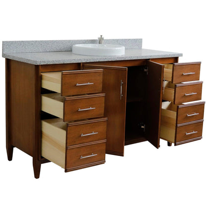 Bellaterra Home MCM 61" 2-Door 6-Drawer Walnut Freestanding Vanity Set With Ceramic Vessel Sink and Gray Granite Top