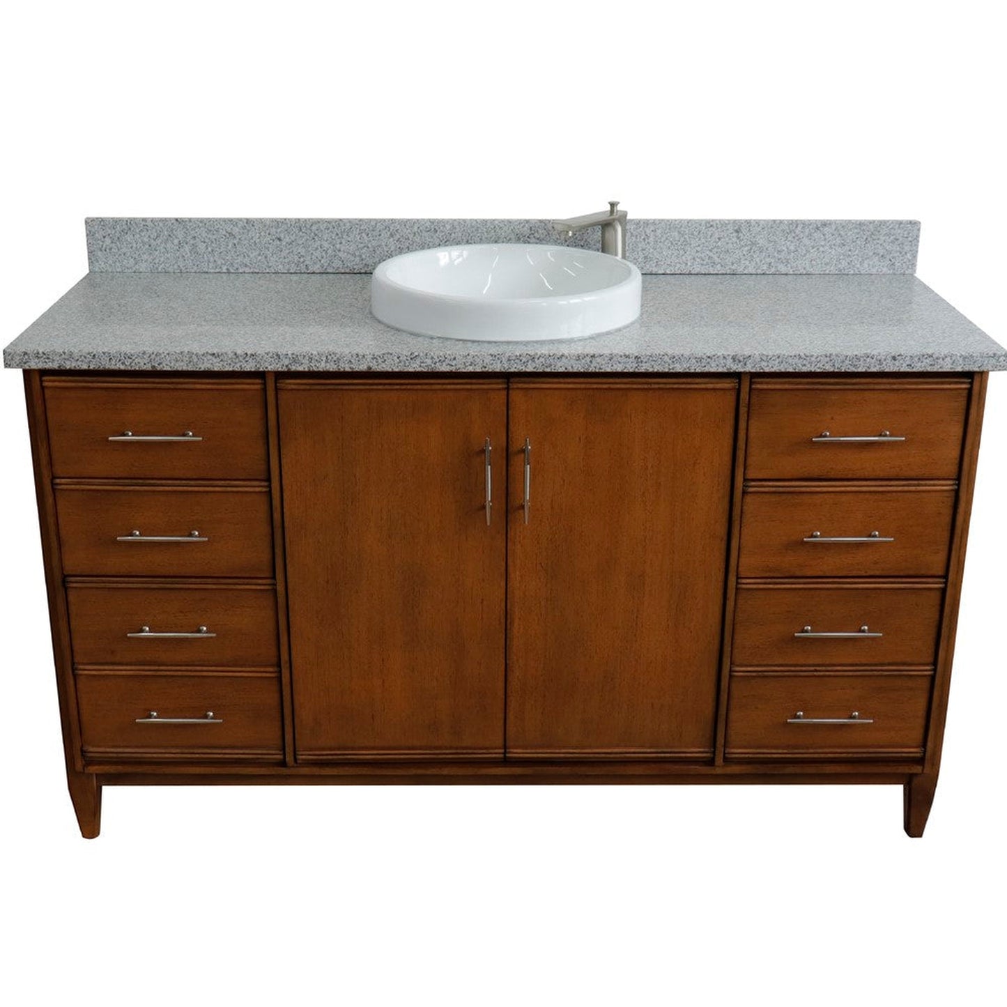 Bellaterra Home MCM 61" 2-Door 6-Drawer Walnut Freestanding Vanity Set With Ceramic Vessel Sink and Gray Granite Top