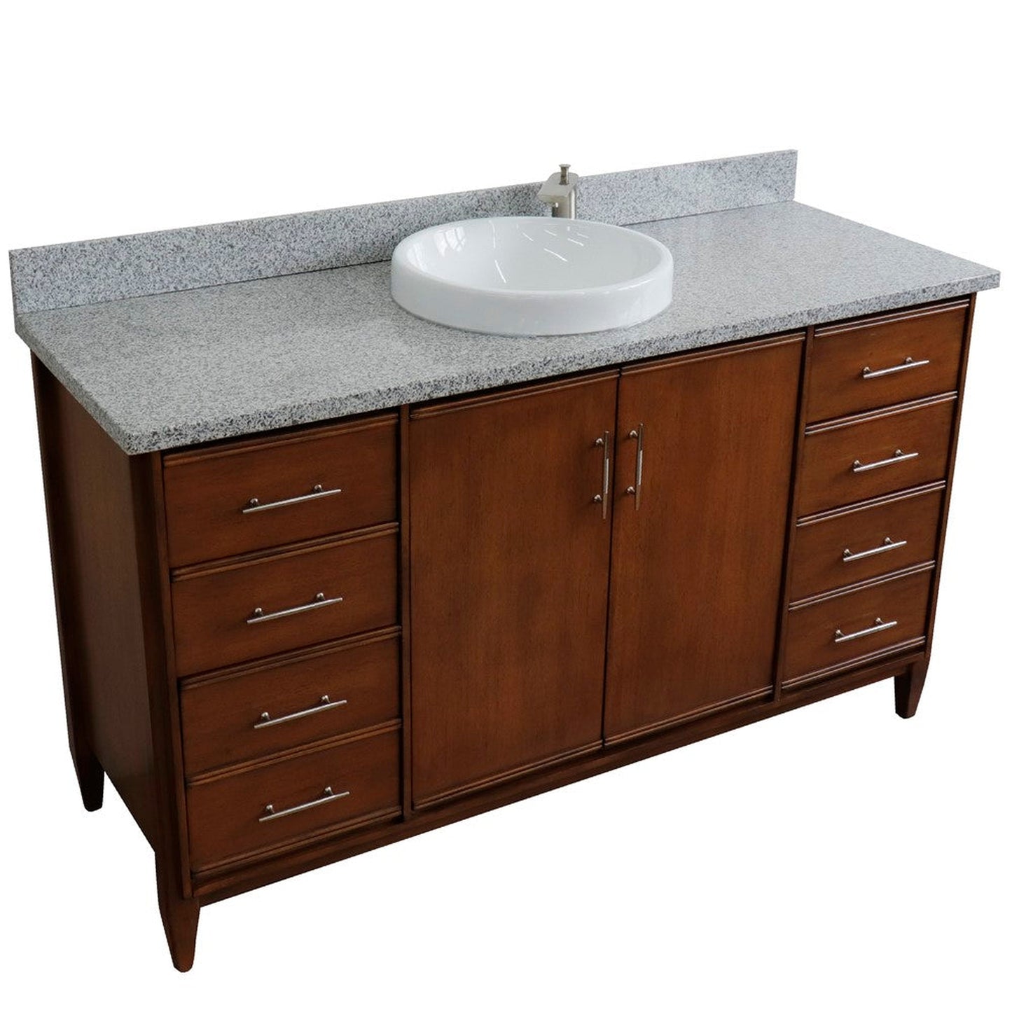 Bellaterra Home MCM 61" 2-Door 6-Drawer Walnut Freestanding Vanity Set With Ceramic Vessel Sink and Gray Granite Top