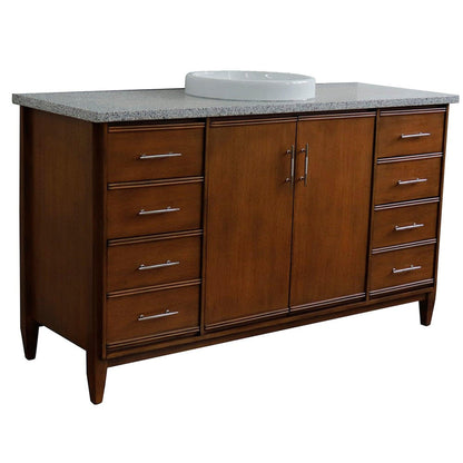 Bellaterra Home MCM 61" 2-Door 6-Drawer Walnut Freestanding Vanity Set With Ceramic Vessel Sink and Gray Granite Top