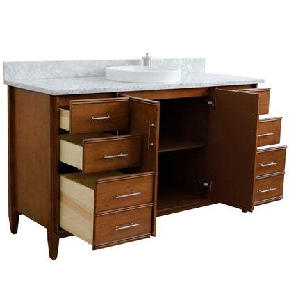 Bellaterra Home MCM 61" 2-Door 6-Drawer Walnut Freestanding Vanity Set With Ceramic Vessel Sink and White Carrara Marble Top