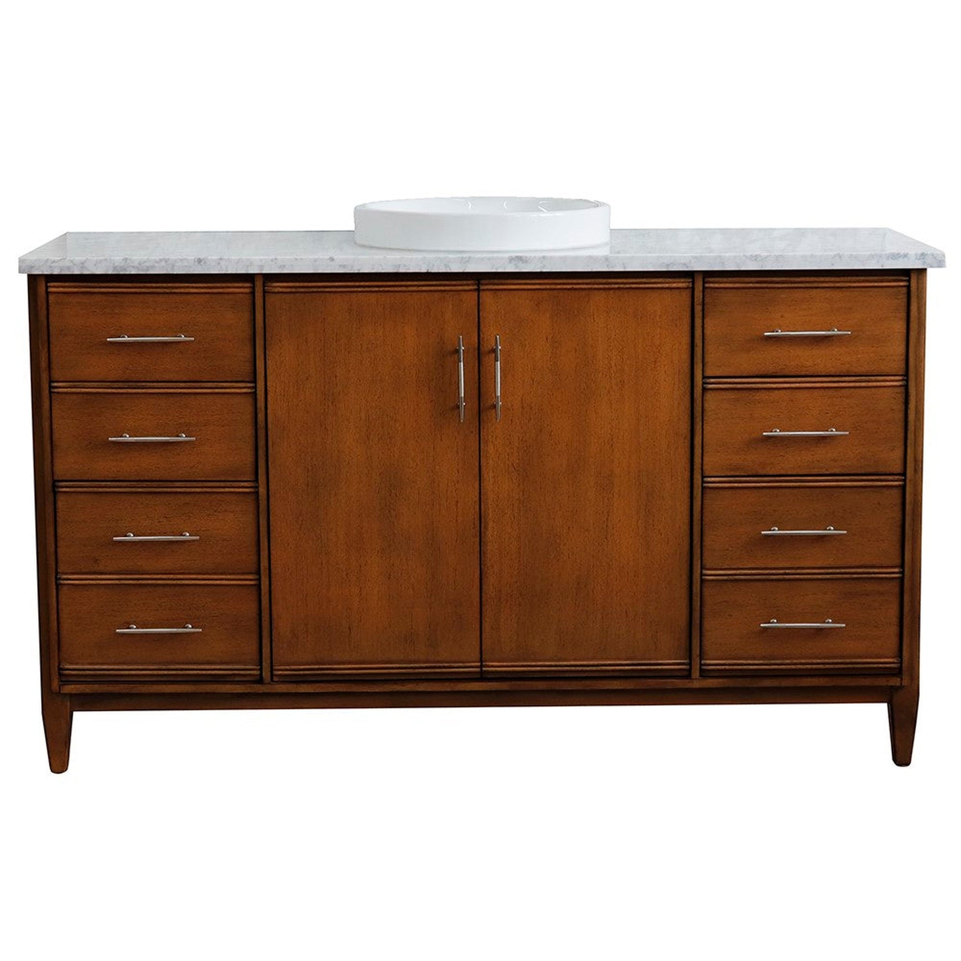 Bellaterra Home MCM 61" 2-Door 6-Drawer Walnut Freestanding Vanity Set With Ceramic Vessel Sink and White Carrara Marble Top