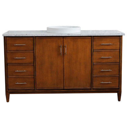 Bellaterra Home MCM 61" 2-Door 6-Drawer Walnut Freestanding Vanity Set With Ceramic Vessel Sink and White Carrara Marble Top