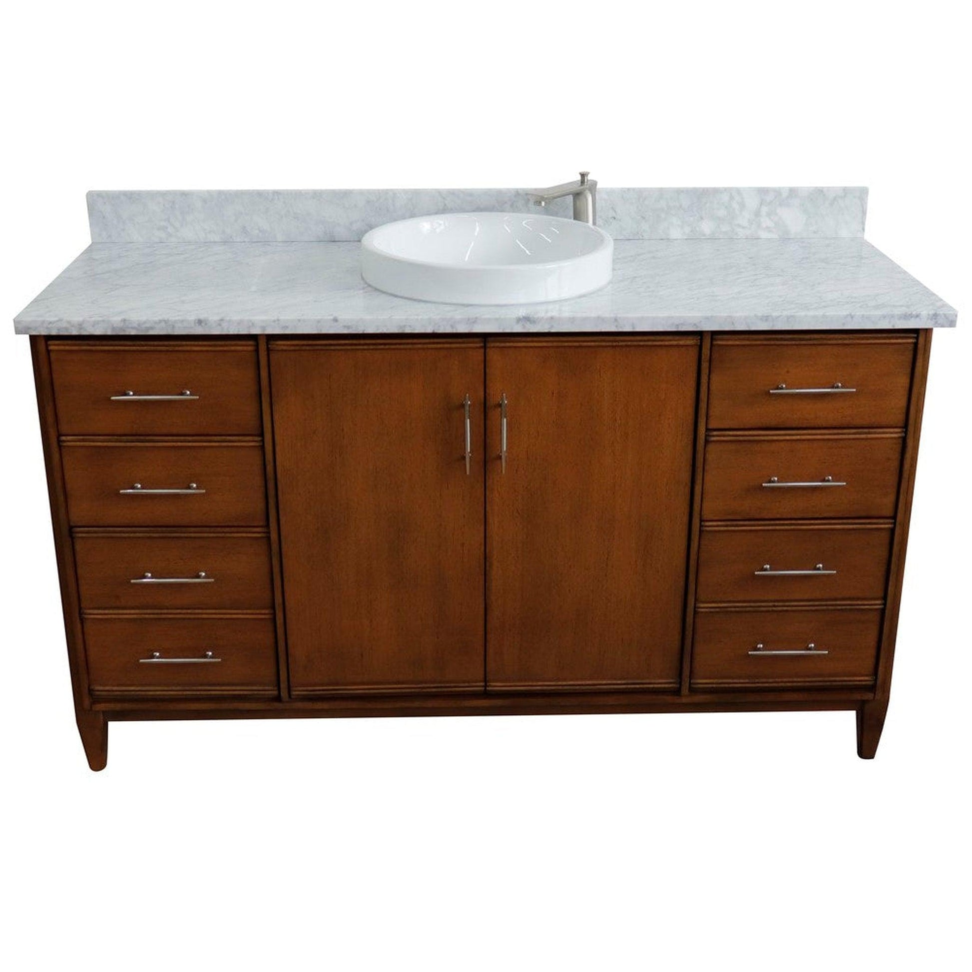 Bellaterra Home MCM 61" 2-Door 6-Drawer Walnut Freestanding Vanity Set With Ceramic Vessel Sink and White Carrara Marble Top