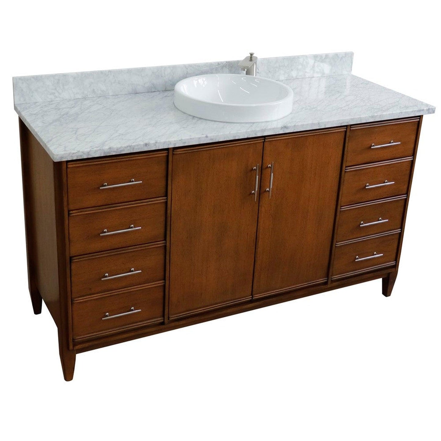 Bellaterra Home MCM 61" 2-Door 6-Drawer Walnut Freestanding Vanity Set With Ceramic Vessel Sink and White Carrara Marble Top