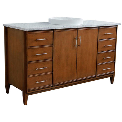 Bellaterra Home MCM 61" 2-Door 6-Drawer Walnut Freestanding Vanity Set With Ceramic Vessel Sink and White Carrara Marble Top