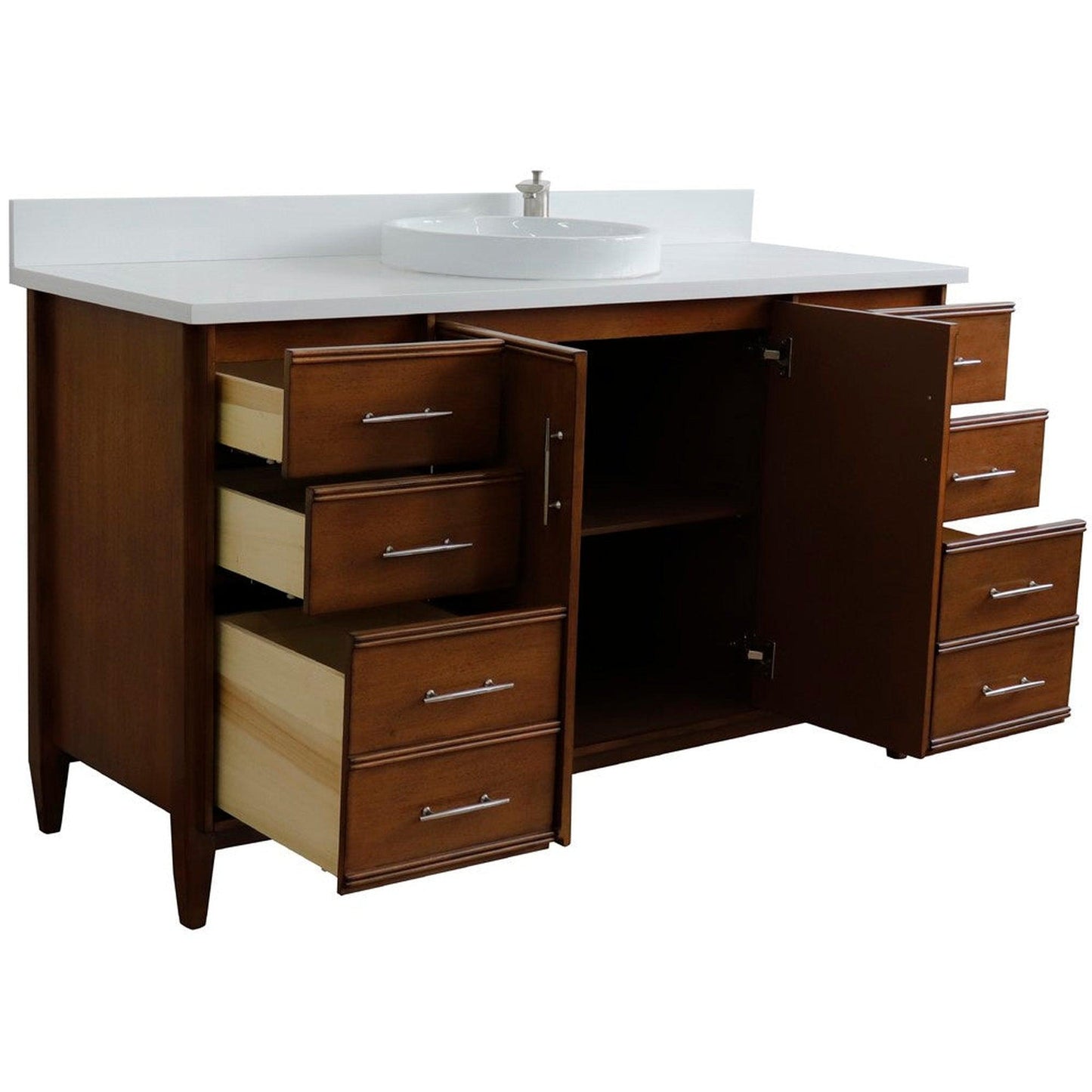 Bellaterra Home MCM 61" 2-Door 6-Drawer Walnut Freestanding Vanity Set With Ceramic Vessel Sink and White Quartz Top