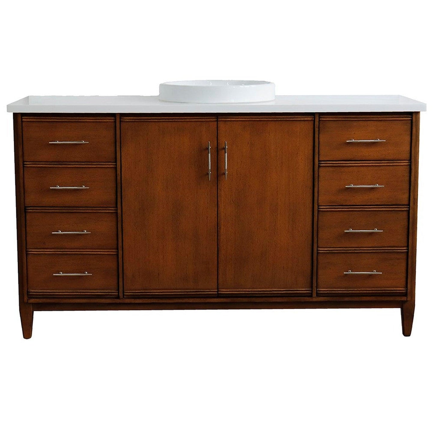 Bellaterra Home MCM 61" 2-Door 6-Drawer Walnut Freestanding Vanity Set With Ceramic Vessel Sink and White Quartz Top