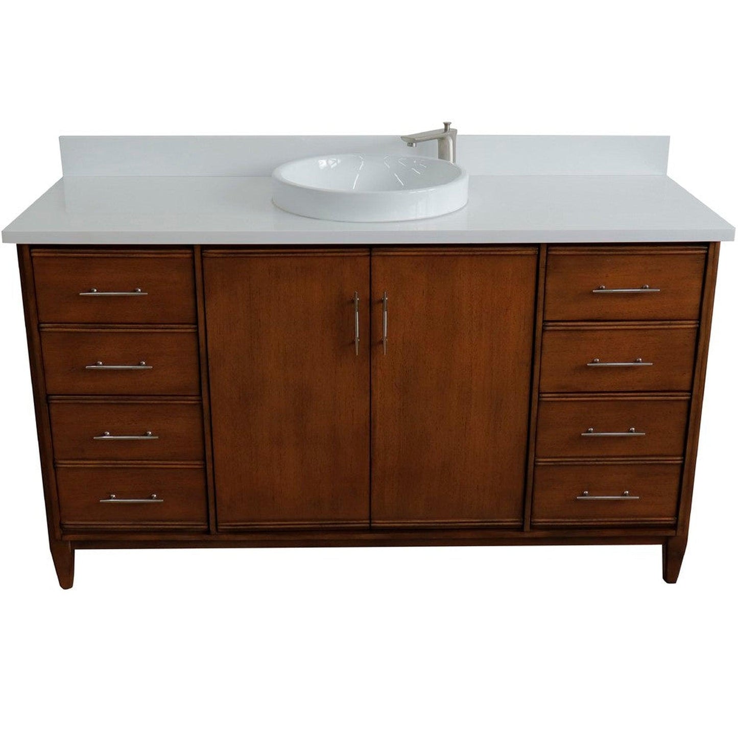 Bellaterra Home MCM 61" 2-Door 6-Drawer Walnut Freestanding Vanity Set With Ceramic Vessel Sink and White Quartz Top