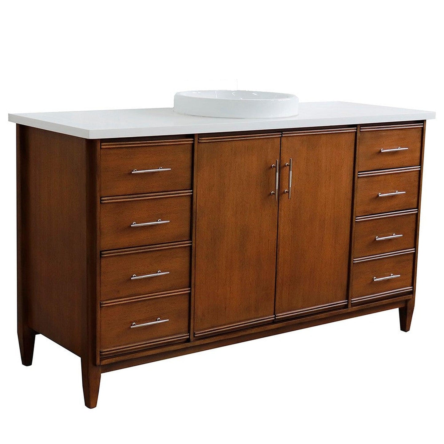 Bellaterra Home MCM 61" 2-Door 6-Drawer Walnut Freestanding Vanity Set With Ceramic Vessel Sink and White Quartz Top